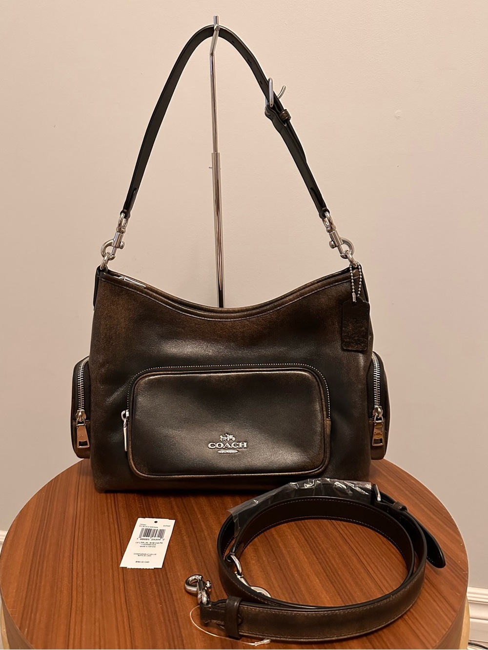 COACH Brown Leather Shoulder Bag with Front & Side Pockets